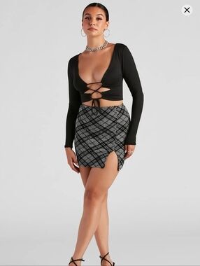 Windsor Black & Gray Plaid Mini Skirt with Front Slit